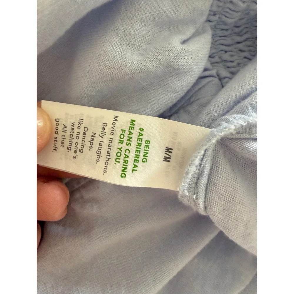 Aerie Light Blue Linen Blend Smocked Wide Leg Pants Womens Medium